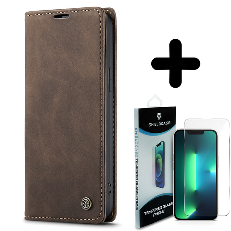 Shieldcase Shieldcase geschikt voor iPhone 14 bookcase (bruin) + ShieldCase screenprotector - beschermglas iPhone bescherming - iPhone case bescherm hoesje + Screenprotector