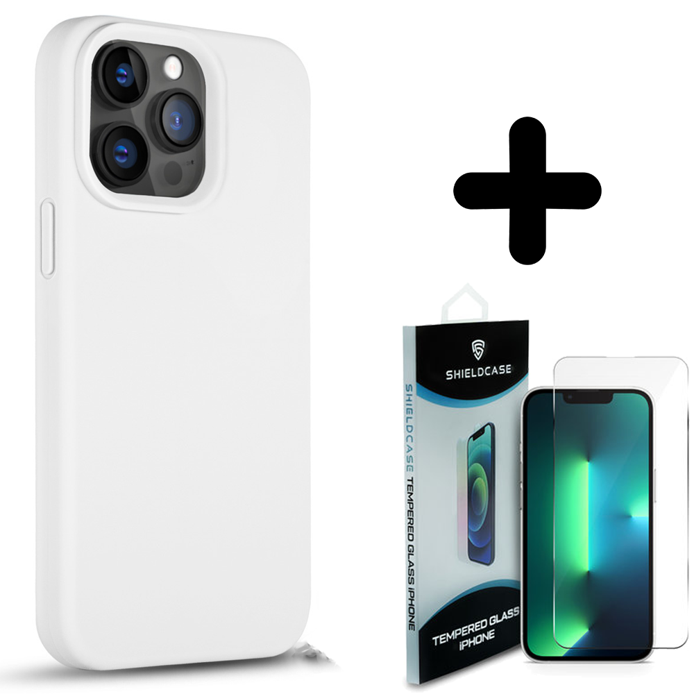 Coverzs Coverzs Solid silicone case geschikt voor iPhone 14 Pro Max (wit) + ShieldCase screenprotector - beschermglas iPhone bescherming - iPhone case bescherm hoesje + Screenprotector