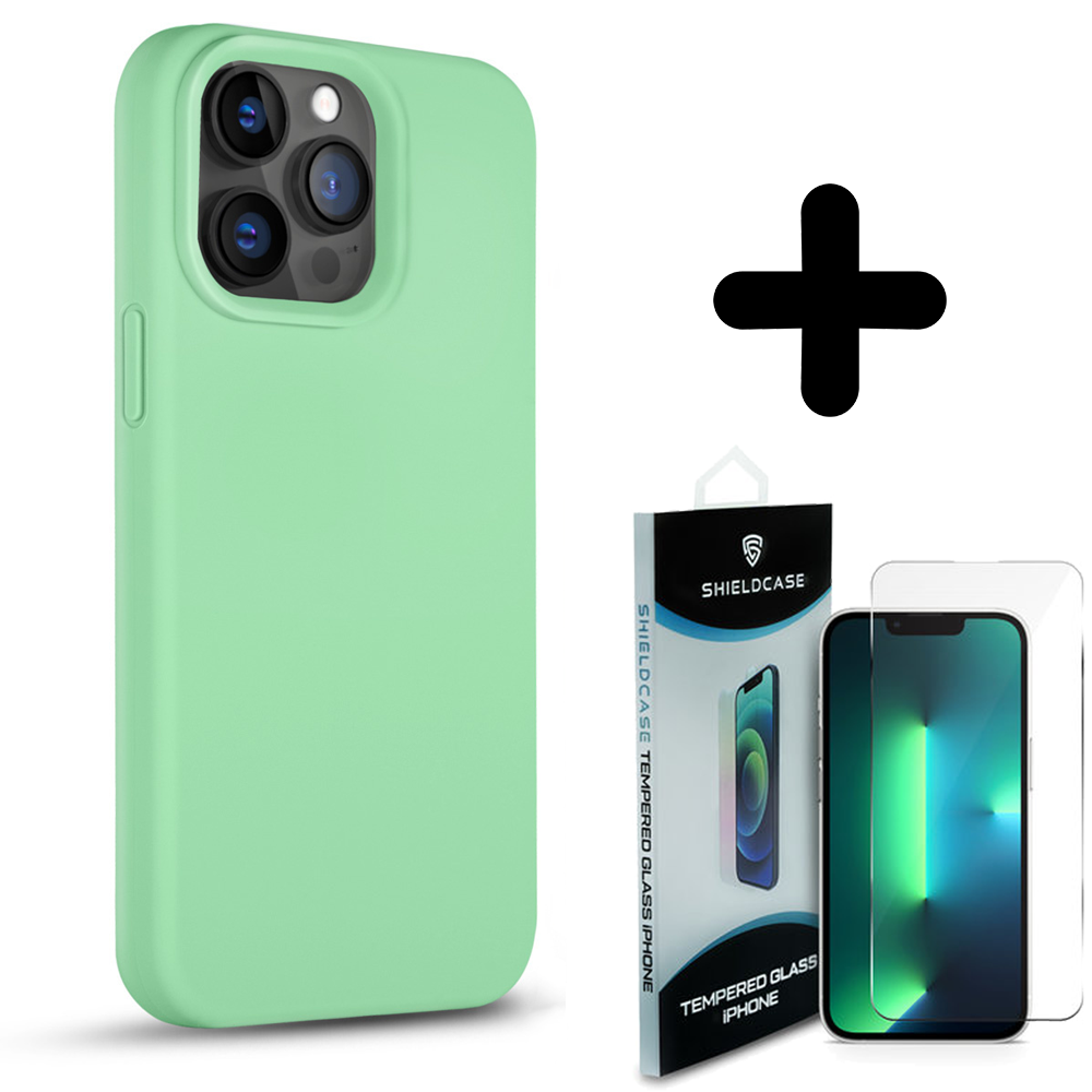 Coverzs Coverzs Solid silicone case geschikt voor iPhone 14 Pro Max (mint) + ShieldCase screenprotector - beschermglas iPhone bescherming - iPhone case bescherm hoesje + Screenprotector