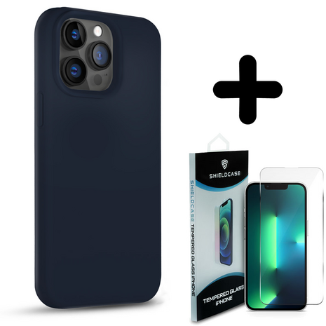 Coverzs Coverzs Solid silicone case geschikt voor iPhone 14 Pro Max (marine blauw) + ShieldCase screenprotector - beschermglas iPhone bescherming - iPhone case bescherm hoesje + Screenprotector