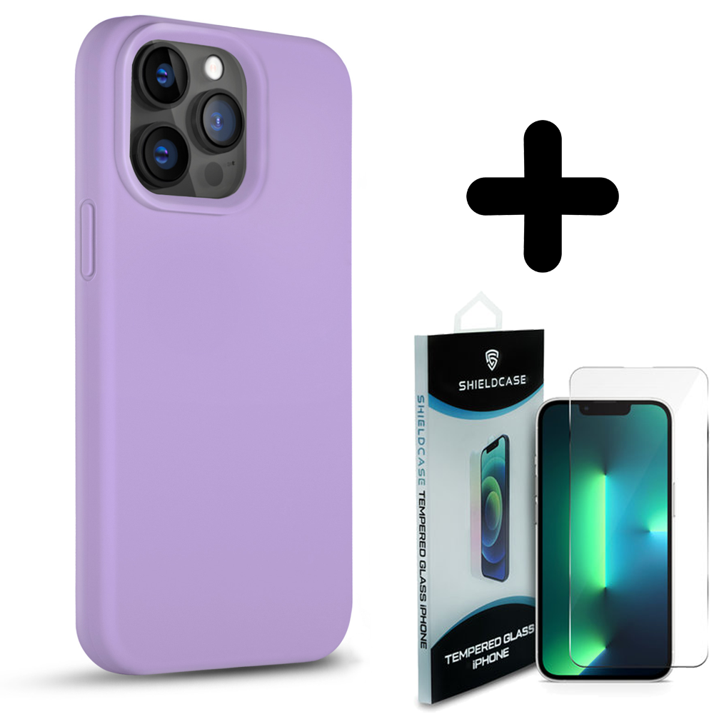 Coverzs Coverzs Solid silicone case geschikt voor iPhone 14 Pro Max (lichtpaars) + ShieldCase screenprotector - beschermglas iPhone bescherming - iPhone case bescherm hoesje + Screenprotector