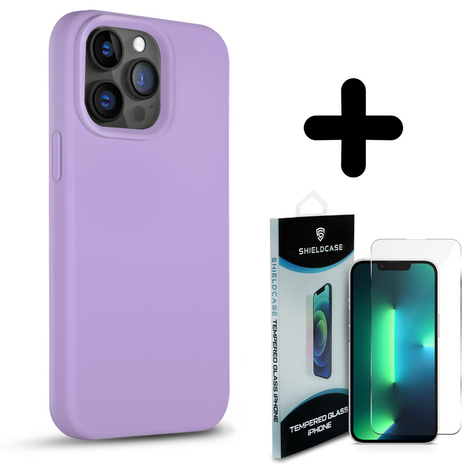 Coverzs Coverzs Solid silicone case geschikt voor iPhone 14 Pro Max (lichtpaars) + ShieldCase screenprotector - beschermglas iPhone bescherming - iPhone case bescherm hoesje + Screenprotector