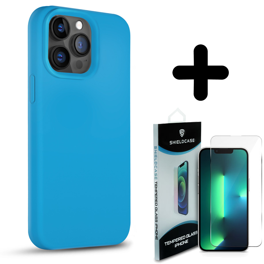 Coverzs Coverzs Solid silicone case geschikt voor iPhone 14 Pro Max (lichtblauw) + ShieldCase screenprotector - beschermglas iPhone bescherming - iPhone case bescherm hoesje + Screenprotector