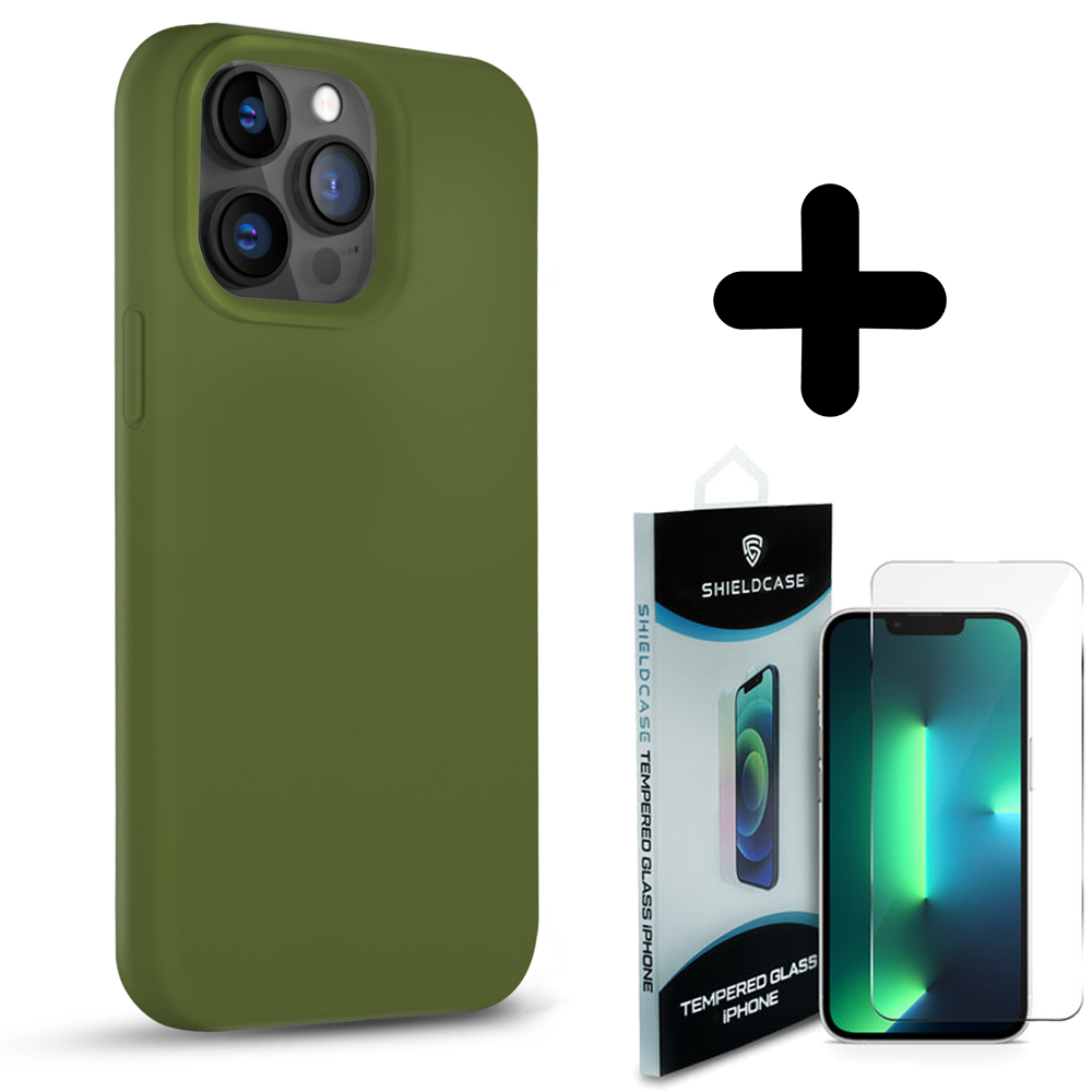 Coverzs Coverzs Solid silicone case geschikt voor iPhone 14 Pro Max (legergroen) + ShieldCase screenprotector - beschermglas iPhone bescherming - iPhone case bescherm hoesje + Screenprotector
