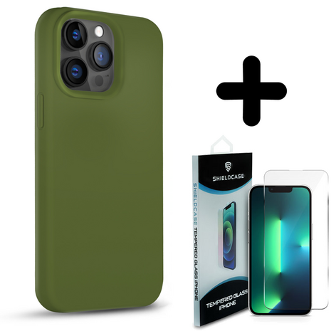 Coverzs Coverzs Solid silicone case geschikt voor iPhone 14 Pro Max (legergroen) + ShieldCase screenprotector - beschermglas iPhone bescherming - iPhone case bescherm hoesje + Screenprotector