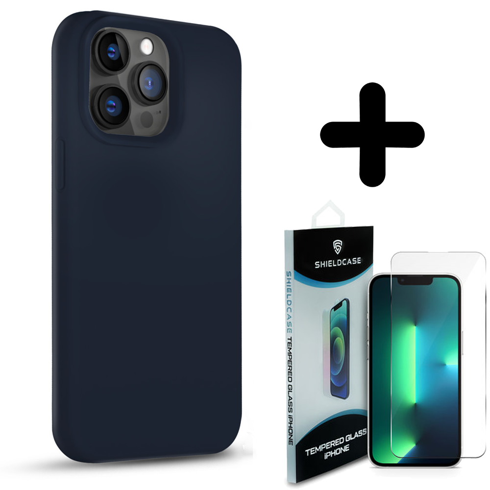 Coverzs Coverzs Solid silicone case geschikt voor iPhone 14 Pro Max (blauw) + ShieldCase screenprotector - beschermglas iPhone bescherming - iPhone case bescherm hoesje + Screenprotector