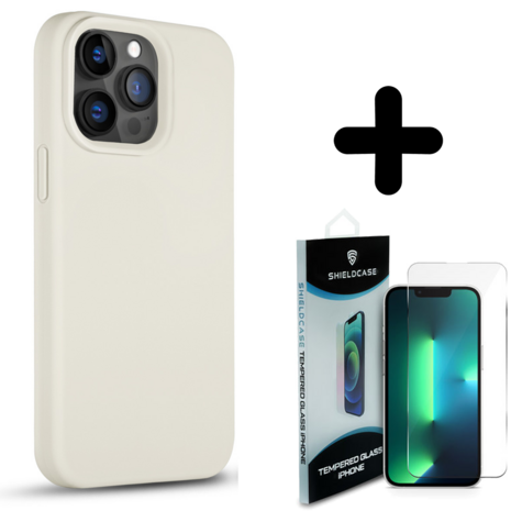 Coverzs Coverzs Solid silicone case geschikt voor iPhone 14 Pro (zand) + ShieldCase screenprotector - beschermglas iPhone bescherming - iPhone case bescherm hoesje + Screenprotector