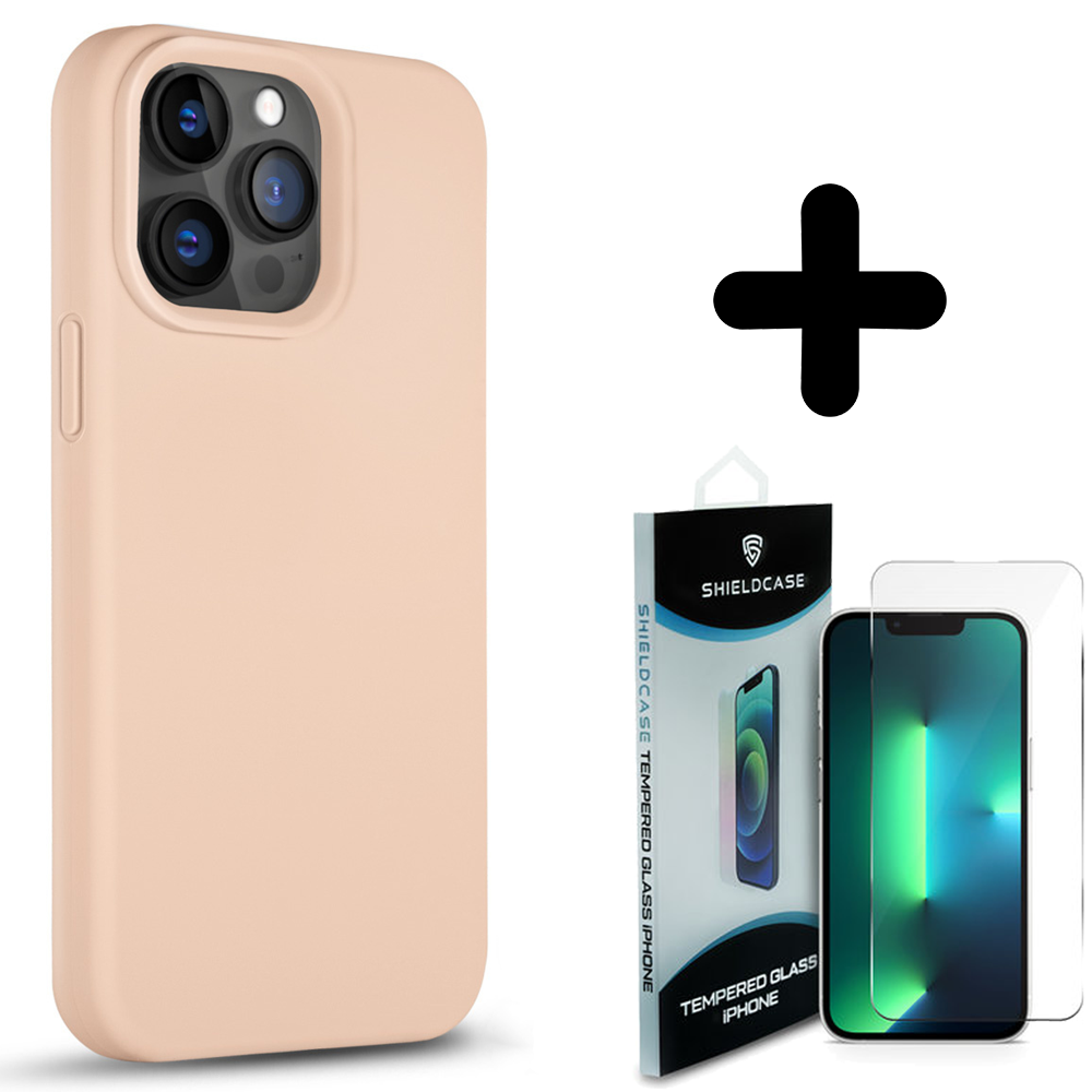 Coverzs Coverzs Solid silicone case geschikt voor iPhone 14 Pro (zacht roze) + ShieldCase screenprotector - beschermglas iPhone bescherming - iPhone case bescherm hoesje + Screenprotector