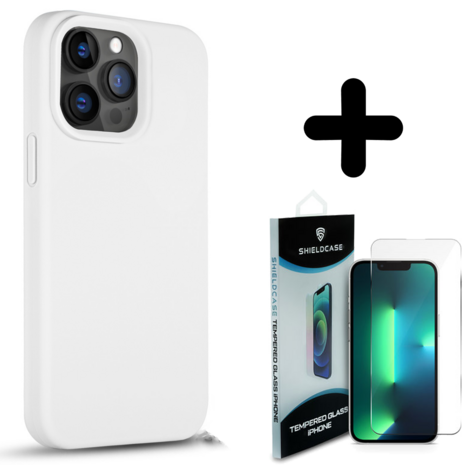 Coverzs Coverzs Solid silicone case geschikt voor iPhone 14 Pro (wit) + ShieldCase screenprotector - beschermglas iPhone bescherming - iPhone case bescherm hoesje + Screenprotector