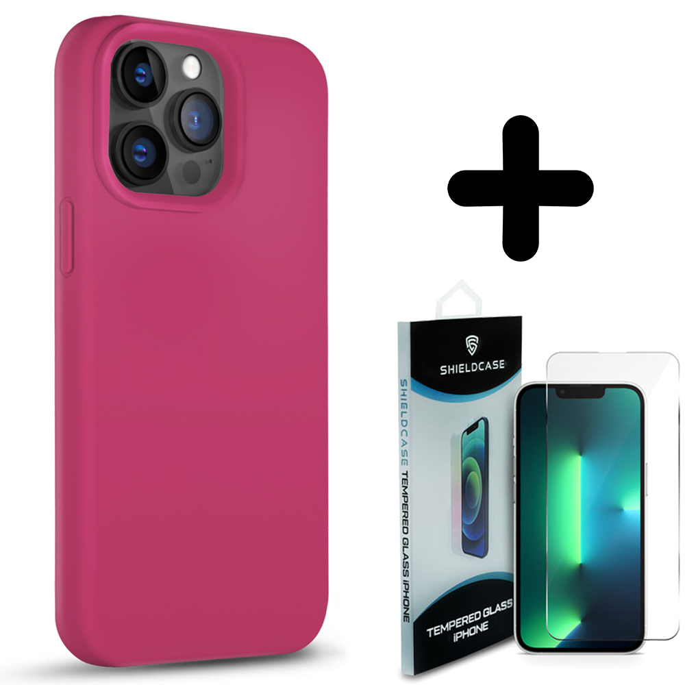 Coverzs Coverzs Solid silicone case geschikt voor iPhone 14 Pro (rosé) + ShieldCase screenprotector - beschermglas iPhone bescherming - iPhone case bescherm hoesje + Screenprotector