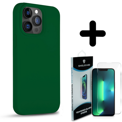 Coverzs Coverzs Solid silicone case geschikt voor iPhone 14 Pro (groen) + ShieldCase screenprotector - beschermglas iPhone bescherming - iPhone case bescherm hoesje + Screenprotector