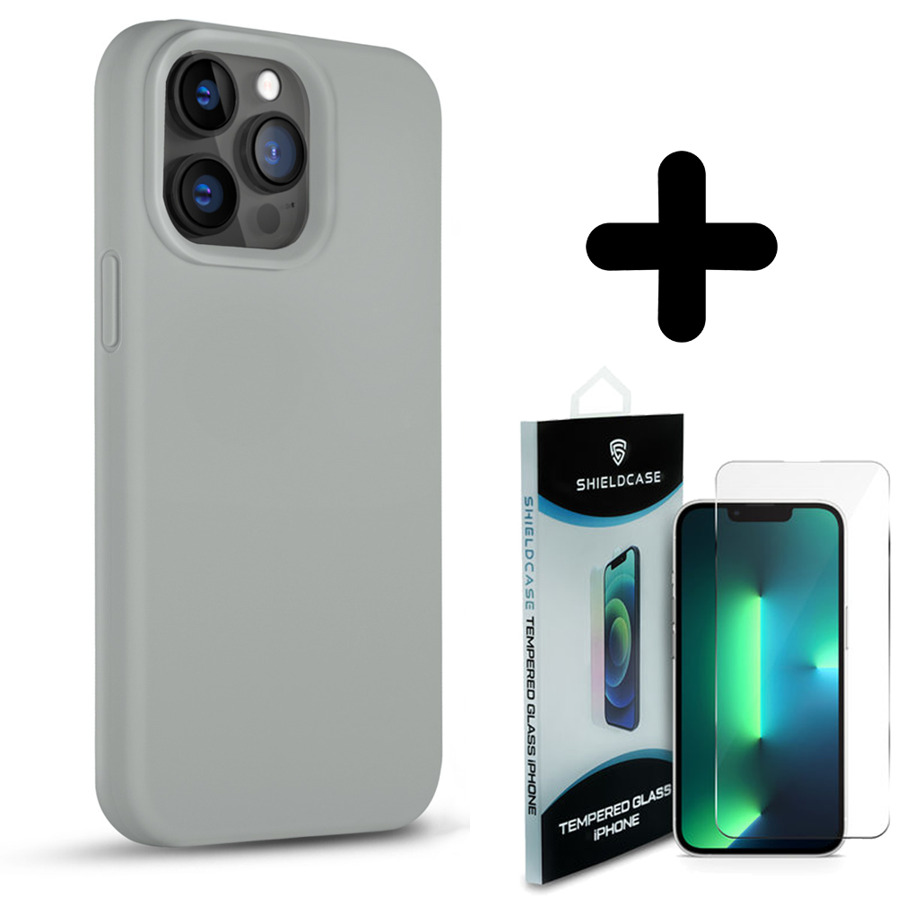 Coverzs Coverzs Solid silicone case geschikt voor iPhone 14 Pro (grijs) + ShieldCase screenprotector - beschermglas iPhone bescherming - iPhone case bescherm hoesje + Screenprotector
