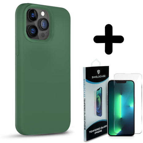 Coverzs Coverzs Solid silicone case geschikt voor iPhone 14 Pro (dennengroen) + ShieldCase screenprotector - beschermglas iPhone bescherming - iPhone case bescherm hoesje + Screenprotector
