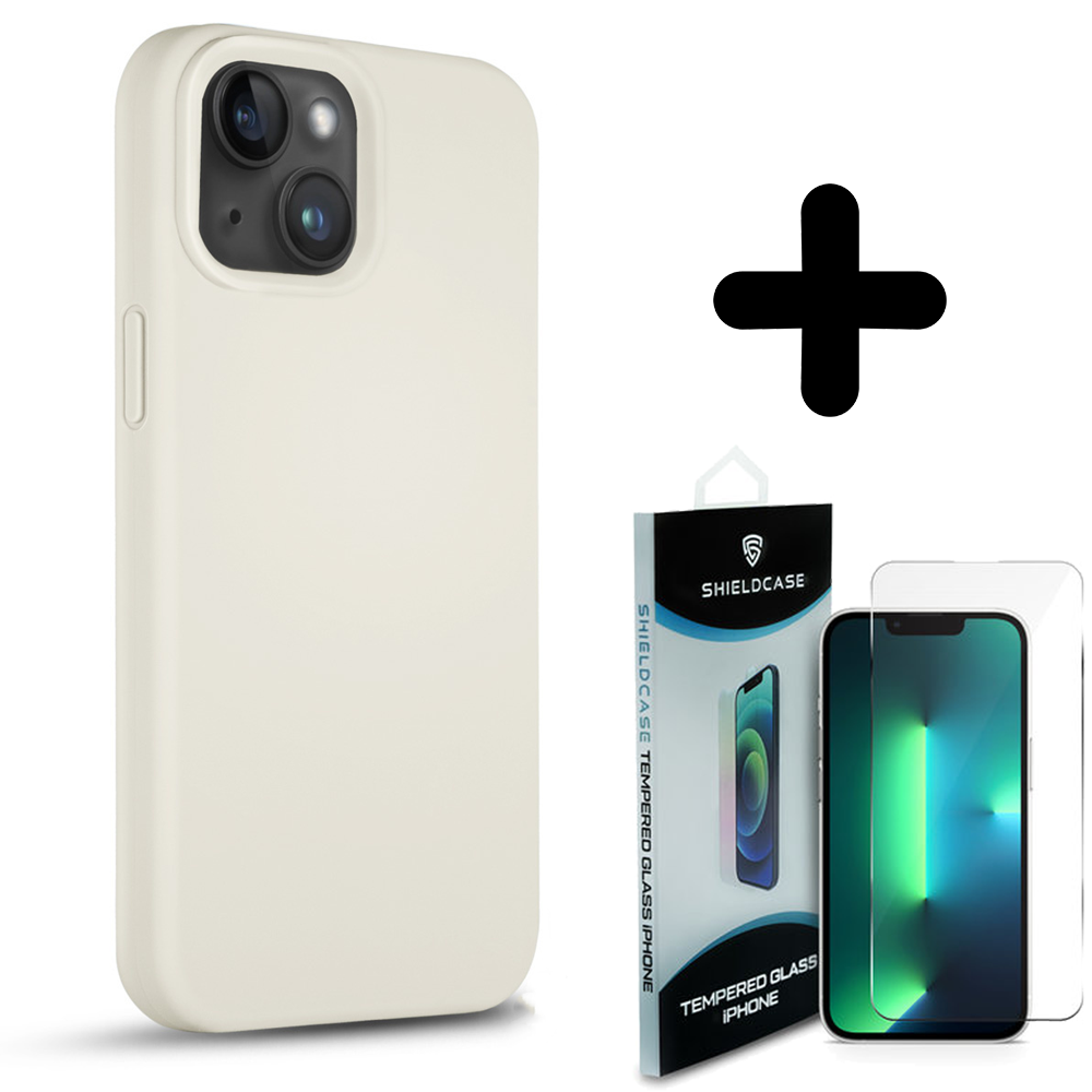 Coverzs Coverzs Solid silicone case geschikt voor iPhone 14 Plus (zand) + ShieldCase screenprotector - beschermglas iPhone bescherming - iPhone case bescherm hoesje + Screenprotector