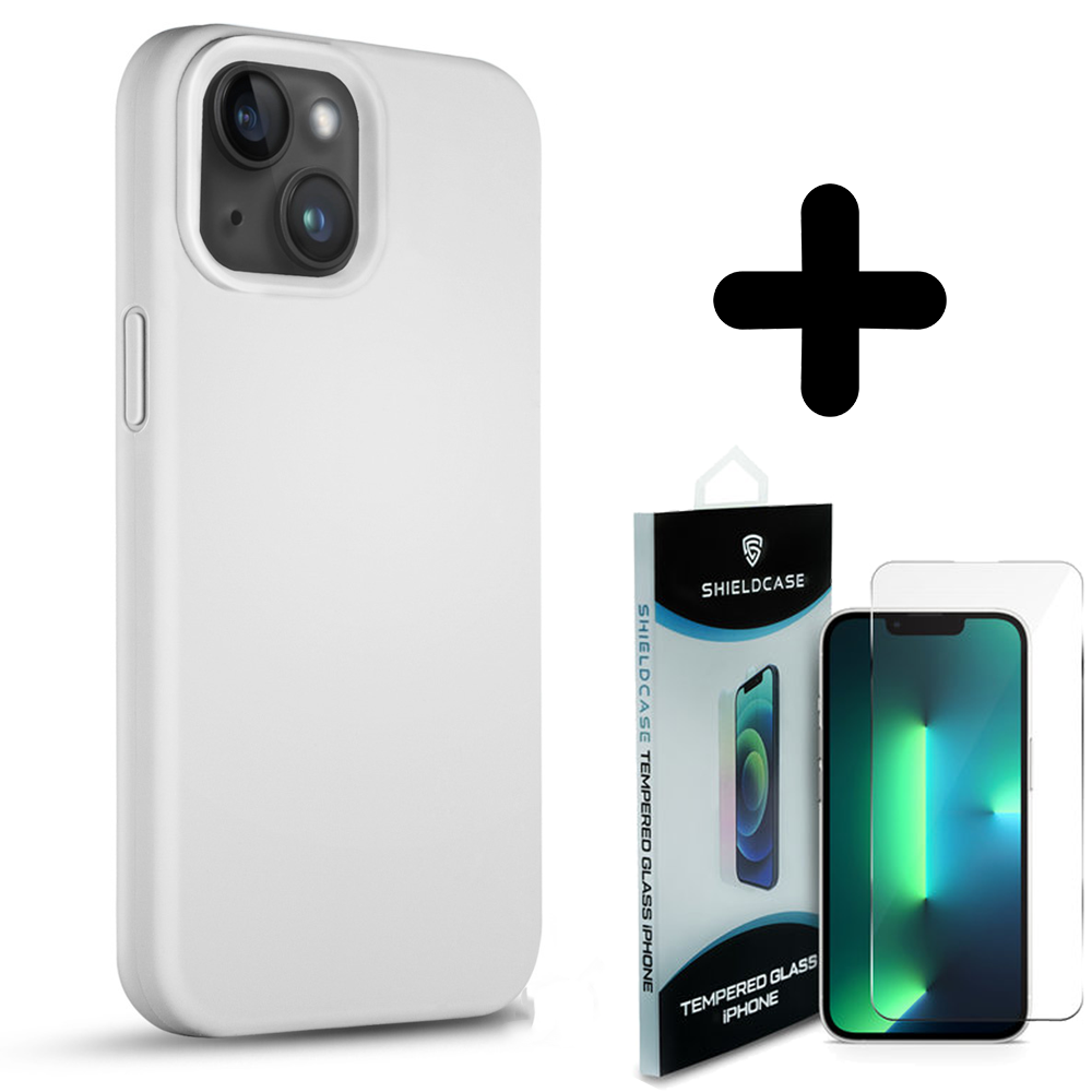 Coverzs Coverzs Solid silicone case geschikt voor iPhone 14 Plus (wit) + ShieldCase screenprotector - beschermglas iPhone bescherming - iPhone case bescherm hoesje + Screenprotector