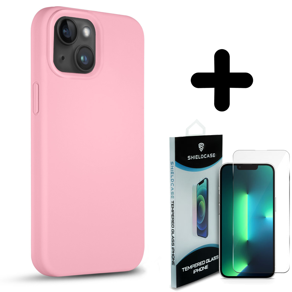 Coverzs Coverzs Solid silicone case geschikt voor iPhone 14 Plus (roze) + ShieldCase screenprotector - beschermglas iPhone bescherming - iPhone case bescherm hoesje + Screenprotector
