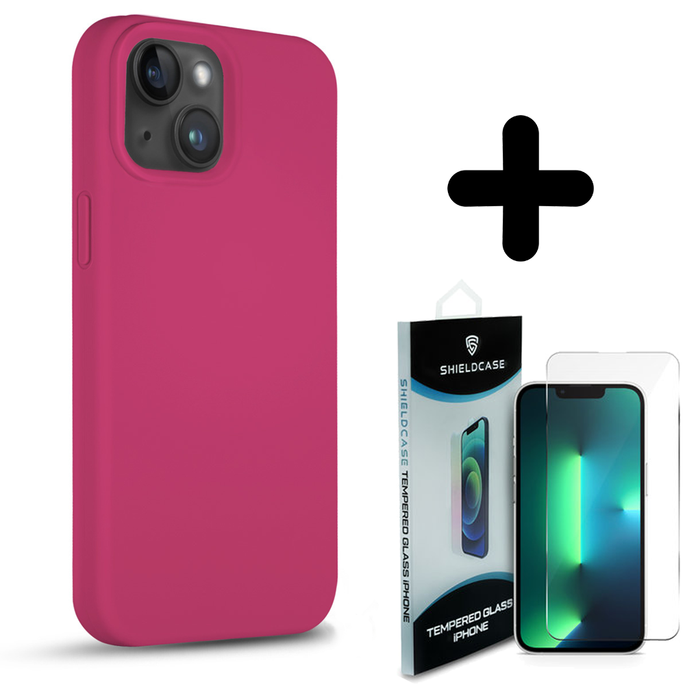 Coverzs Coverzs Solid silicone case geschikt voor iPhone 14 Plus (rosé) + ShieldCase screenprotector - beschermglas iPhone bescherming - iPhone case bescherm hoesje + Screenprotector