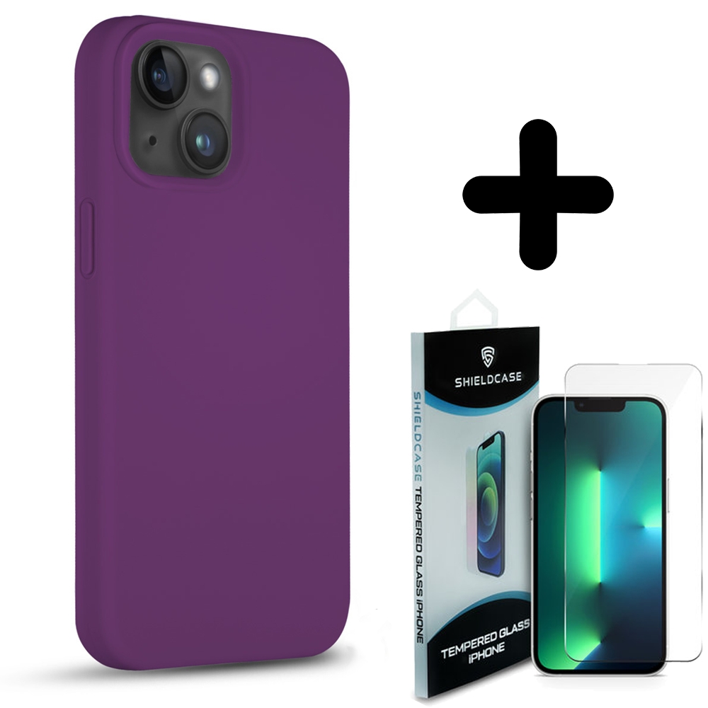 Coverzs Coverzs Solid silicone case geschikt voor iPhone 14 Plus (paars) + ShieldCase screenprotector - beschermglas iPhone bescherming - iPhone case bescherm hoesje + Screenprotector