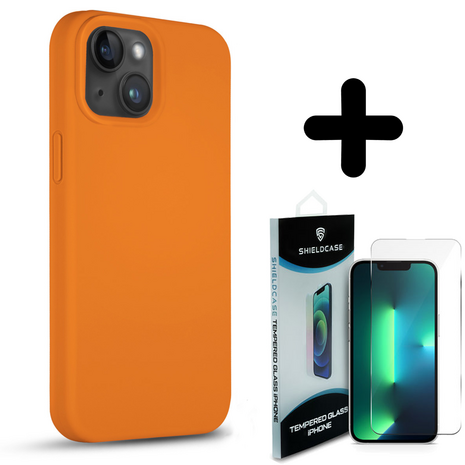 Coverzs Coverzs Solid silicone case geschikt voor iPhone 14 Plus (oranje) + ShieldCase screenprotector - beschermglas iPhone bescherming - iPhone case bescherm hoesje + Screenprotector