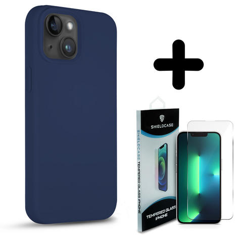 Coverzs Coverzs Solid silicone case geschikt voor iPhone 14 Plus (marine blauw) + ShieldCase screenprotector - beschermglas iPhone bescherming - iPhone case bescherm hoesje + Screenprotector