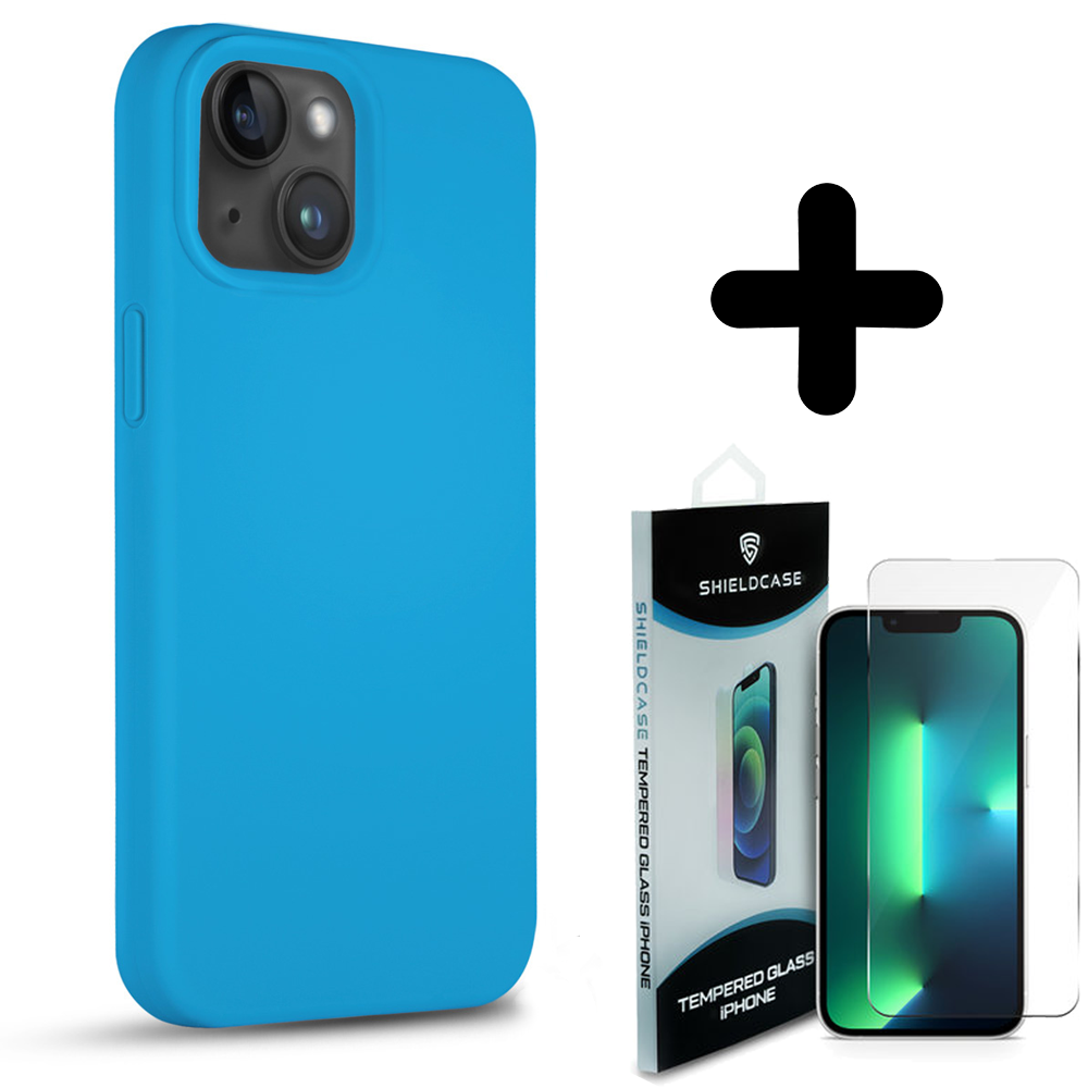 Coverzs Coverzs Solid silicone case geschikt voor iPhone 14 Plus (lichtblauw) + ShieldCase screenprotector - beschermglas iPhone bescherming - iPhone case bescherm hoesje + Screenprotector