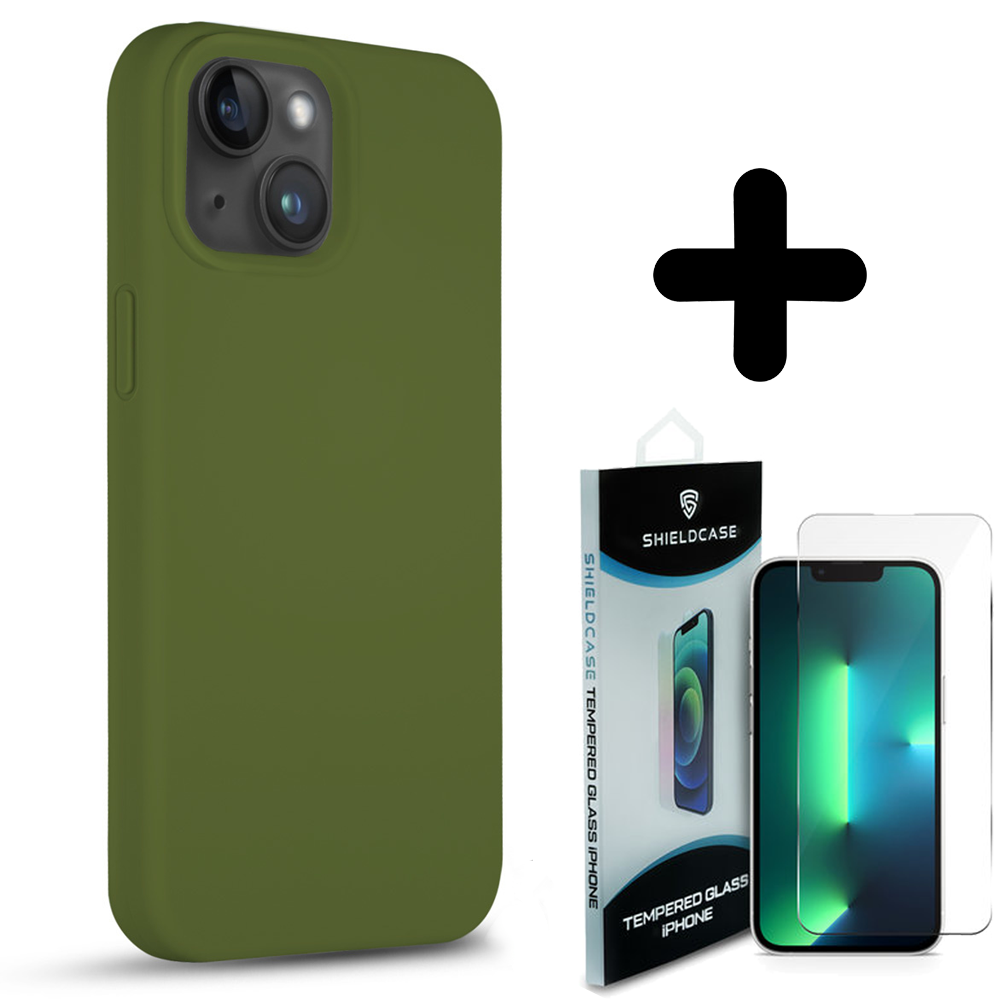 Coverzs Coverzs Solid silicone case geschikt voor iPhone 14 Plus (legergroen) + ShieldCase screenprotector - beschermglas iPhone bescherming - iPhone case bescherm hoesje + Screenprotector