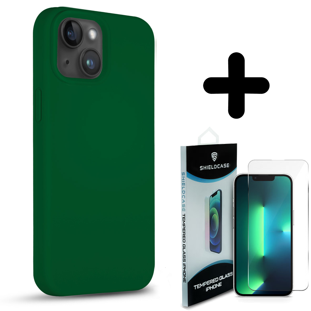 Coverzs Coverzs Solid silicone case geschikt voor iPhone 14 Plus (groen) + ShieldCase screenprotector - beschermglas iPhone bescherming - iPhone case bescherm hoesje + Screenprotector
