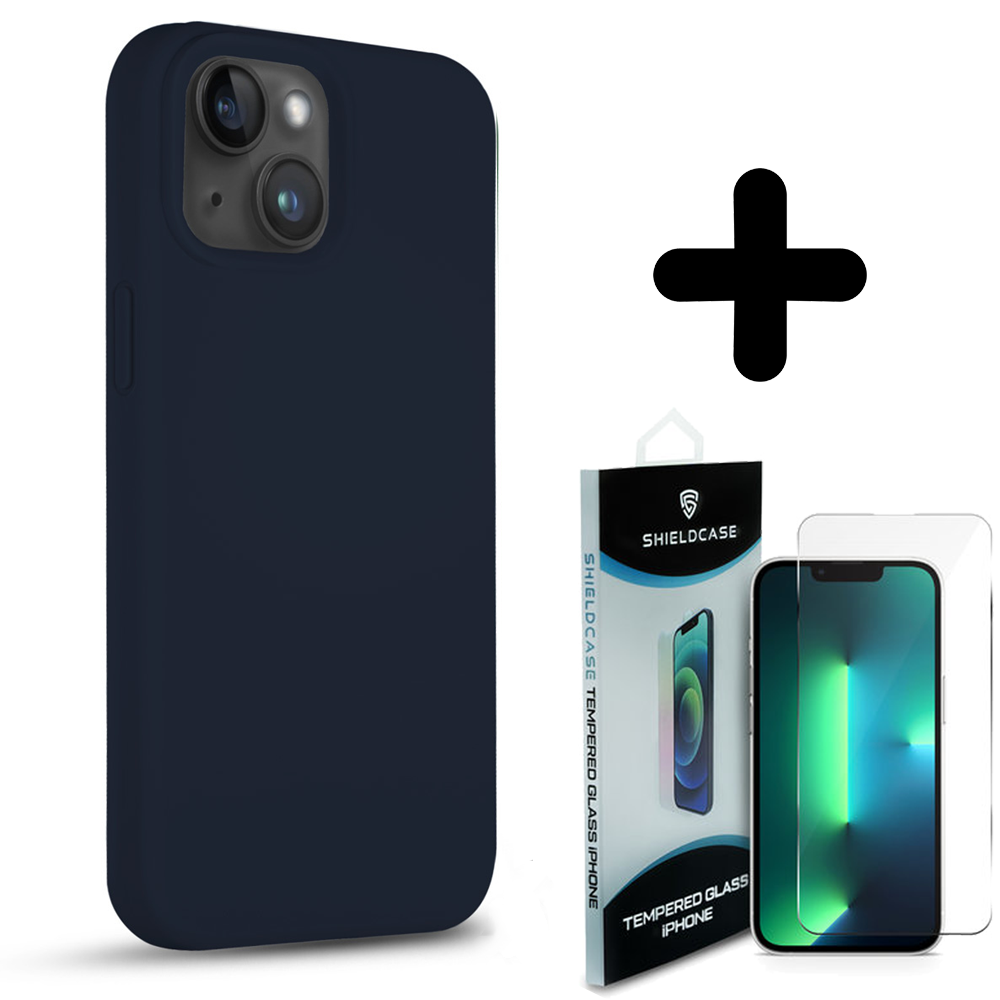 Coverzs Coverzs Solid silicone case geschikt voor iPhone 14 Plus (blauw) + ShieldCase screenprotector - beschermglas iPhone bescherming - iPhone case bescherm hoesje + Screenprotector