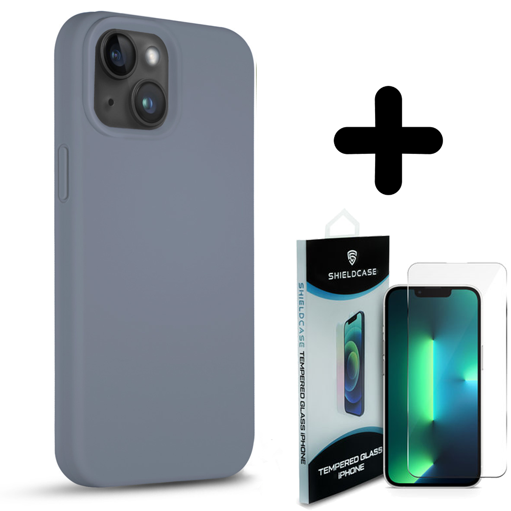 Coverzs Coverzs Solid silicone case geschikt voor iPhone 14 (lavendel grijs) + ShieldCase screenprotector - beschermglas iPhone bescherming - iPhone case bescherm hoesje + Screenprotector