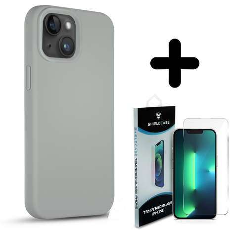 Coverzs Coverzs Solid silicone case geschikt voor iPhone 14 (grijs) + ShieldCase screenprotector - beschermglas iPhone bescherming - iPhone case bescherm hoesje + Screenprotector