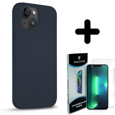 Coverzs Coverzs Solid silicone case geschikt voor iPhone 14 (donkerblauw) + ShieldCase screenprotector - beschermglas iPhone bescherming - iPhone case bescherm hoesje + Screenprotector