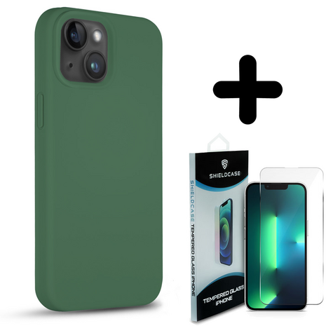 Coverzs Coverzs Solid silicone case geschikt voor iPhone 14 (dennengroen) + ShieldCase screenprotector - beschermglas iPhone bescherming - iPhone case bescherm hoesje + Screenprotector