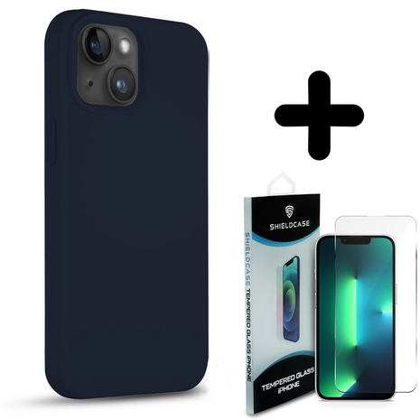 Coverzs Coverzs Solid silicone case geschikt voor iPhone 14 (blauw) + ShieldCase screenprotector - beschermglas iPhone bescherming - iPhone case bescherm hoesje + Screenprotector