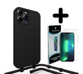 Coverzs Silicone case met koord 14 Pro Max (zwart) + Screenprotector - Batch 1 (05-2023)