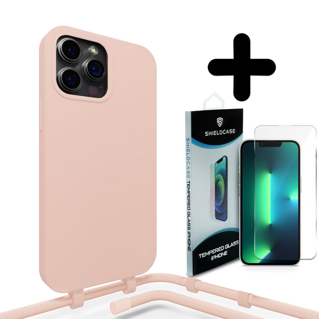 Coverzs Coverzs Silicone case met koord geschikt voor iPhone 14 Pro (roze) + ShieldCase screenprotector - beschermglas iPhone bescherming - iPhone case bescherm hoesje + Screenprotector