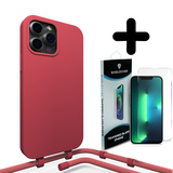 Coverzs Silicone case met koord 14 Pro (rood) + Screenprotector - Batch 1 (05-2023)