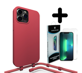 Coverzs Silicone case met koord 14 Pro (rood) + Screenprotector - Batch 1 (05-2023)