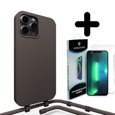 Coverzs Coverzs Silicone case met koord geschikt voor iPhone 14 Pro Max (koffiezwart) + ShieldCase screenprotector - beschermglas iPhone bescherming - iPhone case bescherm hoesje + Screenprotector