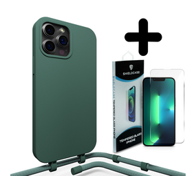 Coverzs Silicone case met koord 14 Pro (groen) + Screenprotector - Batch 1 (05-2023)