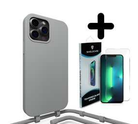 Coverzs Silicone case met koord 14 Pro Max (grijs) + Screenprotector - Batch 1 (05-2023)