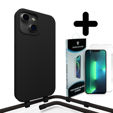 Coverzs Coverzs Silicone case met koord geschikt voor iPhone 14 Plus (zwart) + ShieldCase screenprotector - beschermglas iPhone bescherming - iPhone case bescherm hoesje + Screenprotector
