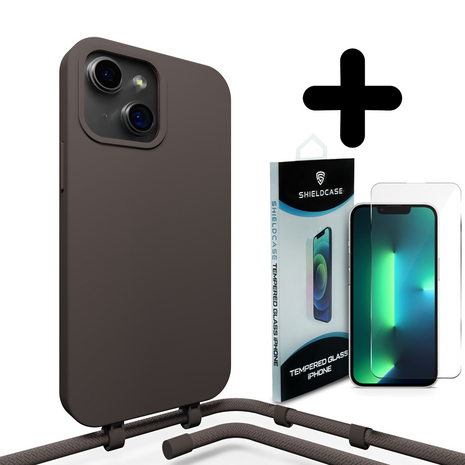 Coverzs Coverzs Silicone case met koord geschikt voor iPhone 14 (koffiezwart) + ShieldCase screenprotector - beschermglas iPhone bescherming - iPhone case bescherm hoesje + Screenprotector