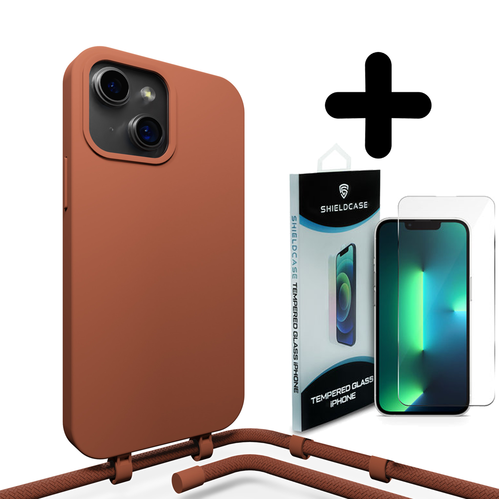 Coverzs Coverzs Silicone case met koord geschikt voor iPhone 14 (bruin) + ShieldCase screenprotector - beschermglas iPhone bescherming - iPhone case bescherm hoesje + Screenprotector