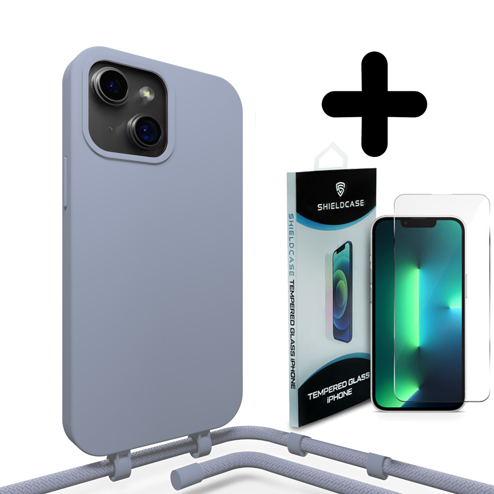 Coverzs Coverzs Silicone case met koord geschikt voor iPhone 14 Plus (blauw) + ShieldCase screenprotector - beschermglas iPhone bescherming - iPhone case bescherm hoesje + Screenprotector