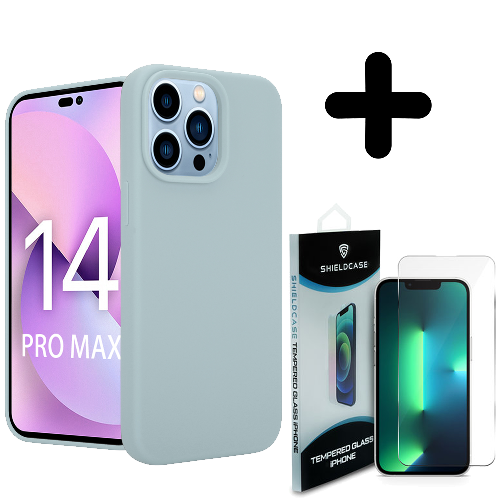 Coverzs Coverzs Luxe Liquid Silicone case geschikt voor iPhone 14 Pro Max (grijsblauw) + ShieldCase screenprotector - beschermglas iPhone bescherming - iPhone case bescherm hoesje + Screenprotector