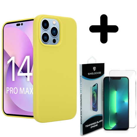 Coverzs Coverzs Luxe Liquid Silicone case geschikt voor iPhone 14 Pro Max (geel) + ShieldCase screenprotector - beschermglas iPhone bescherming - iPhone case bescherm hoesje + Screenprotector