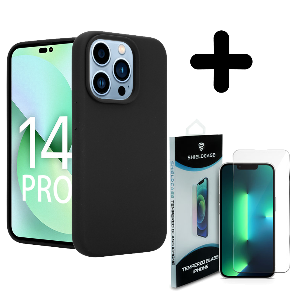 Coverzs Coverzs Luxe Liquid Silicone case geschikt voor iPhone 14 Pro (zwart) + ShieldCase screenprotector - beschermglas iPhone bescherming - iPhone case bescherm hoesje + Screenprotector