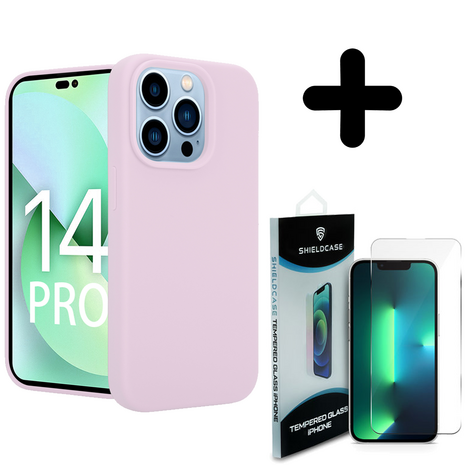 Coverzs Coverzs Luxe Liquid Silicone case geschikt voor iPhone 14 Pro (roze) + ShieldCase screenprotector - beschermglas iPhone bescherming - iPhone case bescherm hoesje + Screenprotector