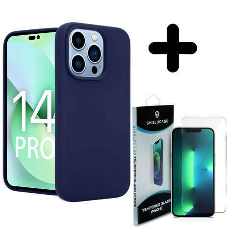 Coverzs Coverzs Luxe Liquid Silicone case geschikt voor iPhone 14 Pro (royaal blauw) + ShieldCase screenprotector - beschermglas iPhone bescherming - iPhone case bescherm hoesje + Screenprotector
