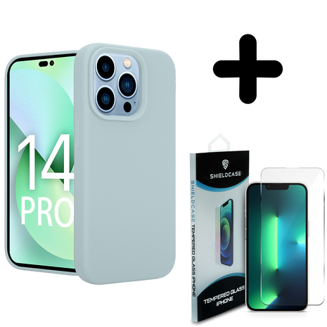 Coverzs Coverzs Luxe Liquid Silicone case geschikt voor iPhone 14 Pro (grijsblauw) + ShieldCase screenprotector - beschermglas iPhone bescherming - iPhone case bescherm hoesje + Screenprotector
